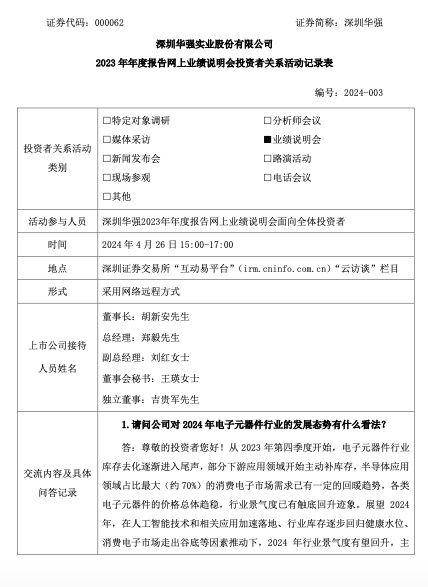 深圳华强：2023年第四序度初步电子元器件行业库存去化渐入尾声行业景心胸已有触底回升迹象ob体育(图1)